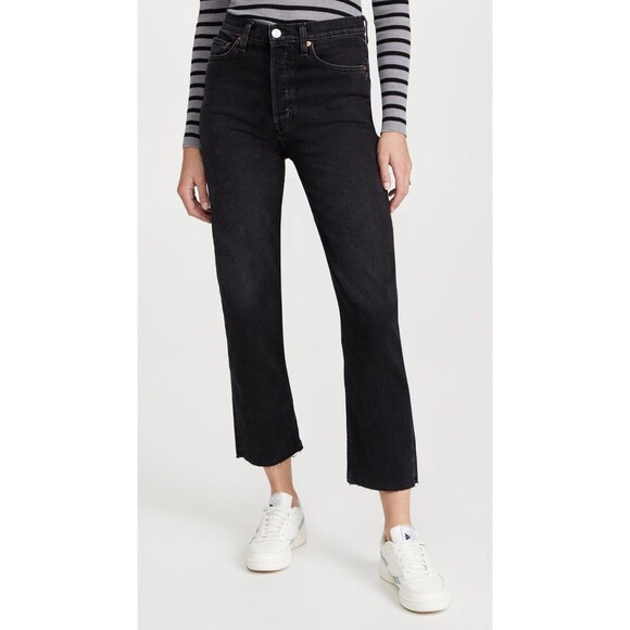Denim - Re/Done womens 70s Stove Pipe Button Fly Jeans size 28 Black 28" inseam $265